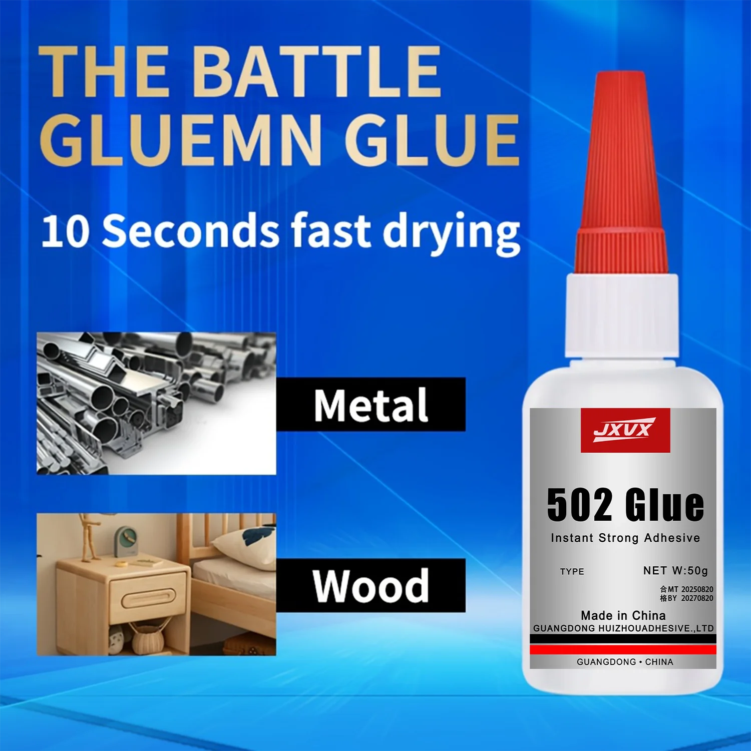 Gros plan sur les tubes 20g et 50g de la colle JXVX, parfaite pour coller plastique, bois et verre.