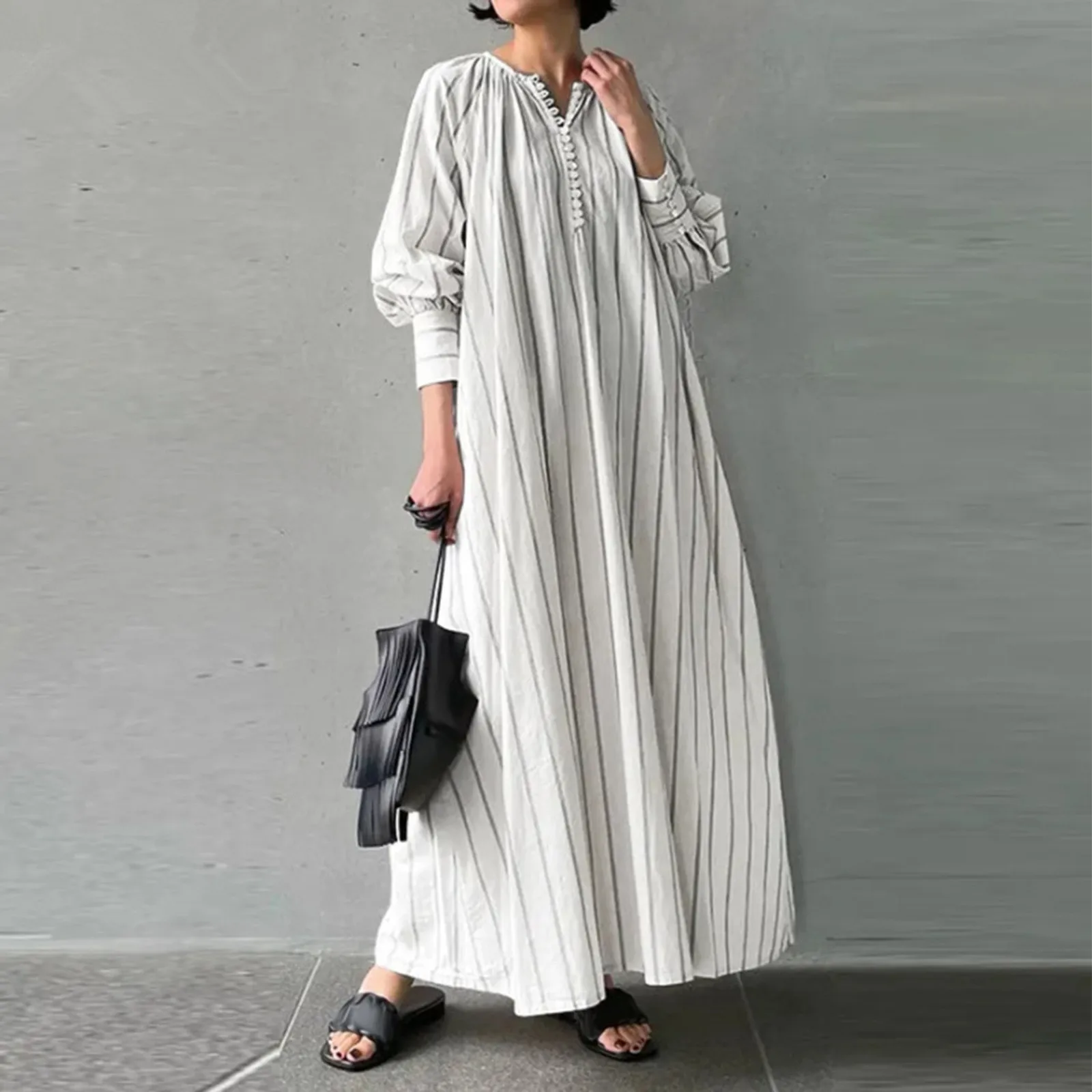 

2023 Autumn New Casual Women's Long Dress Simple Fashion Cotton Linen Striped Long Sleeve Dress Loose Round Neck Pullover Dress