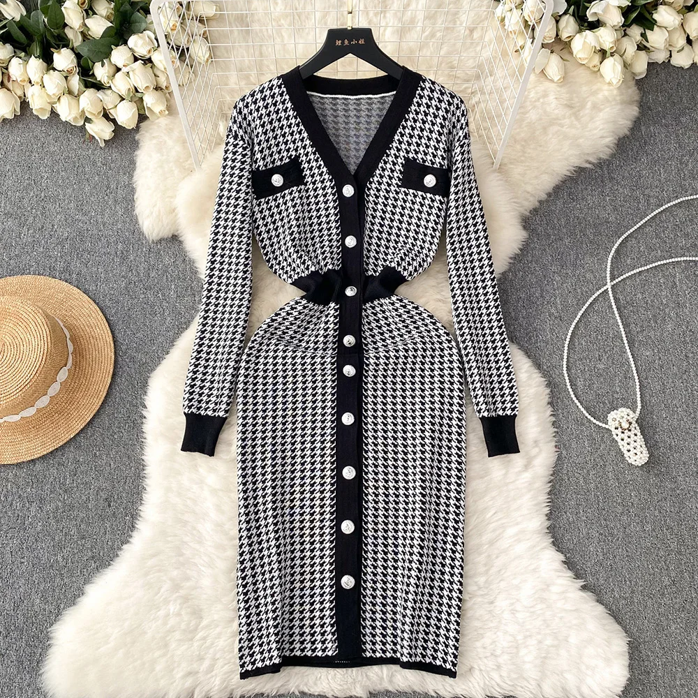 

Croysier Women Midi Dresses 2023 Golden Button Office Elegant Houndstooth Knit Dress Contrast Trim Round Neck Long Sleeve Dress