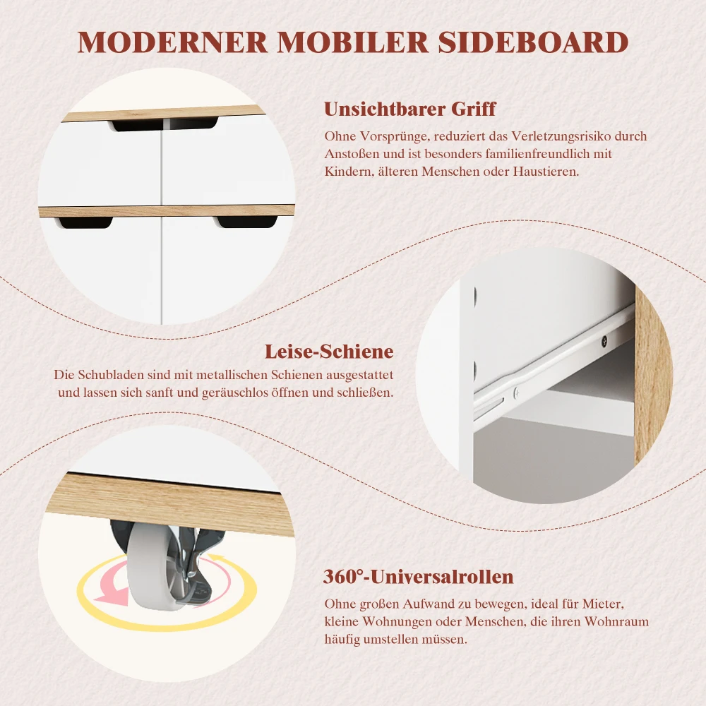Kitchen Island with Cabinet Doors and Open Compartments Service Trolley with 360° Wheels and Drawers for Easy Mobility