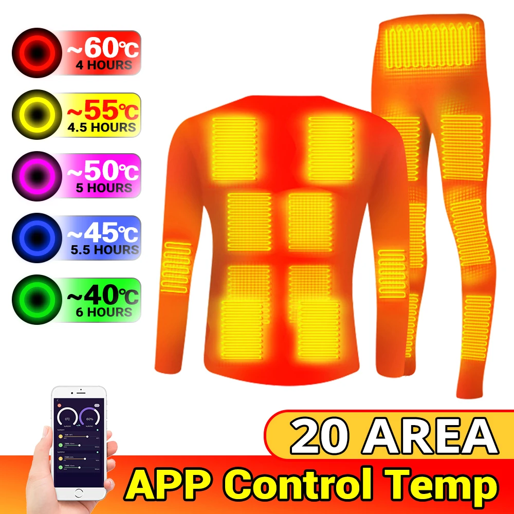 Heating Underwear Suit Winter USB Battery Powered Smart Control Temperature Electric Heated Fleece Lined Ski Thermal Tops Pants,heated underwear suit