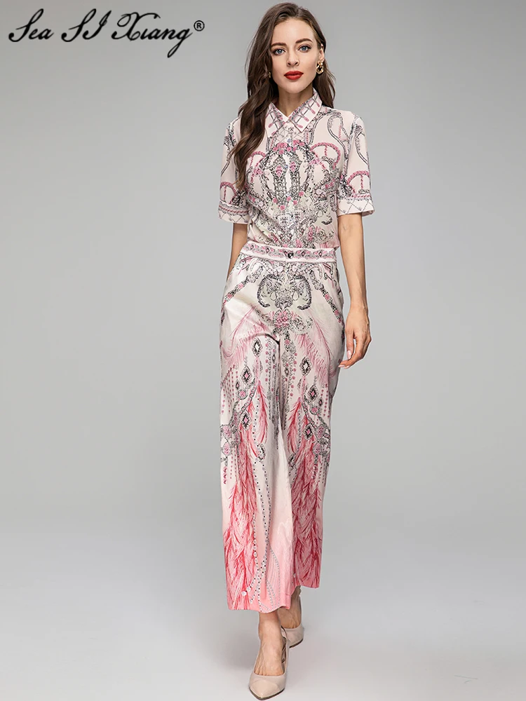 

Seasixiang Fashion Designer Spring Summer Women Suit Short Sleeve Single Breasted Tops+Wide Leg Pants Vintage Print 2 Pieces Set