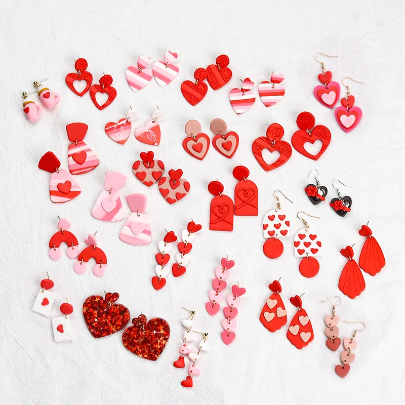 AENSOA Romantic Red Pink Heart Polymer Clay Earrings for Women Multiple Handmade Envelop Earrings Valentine s