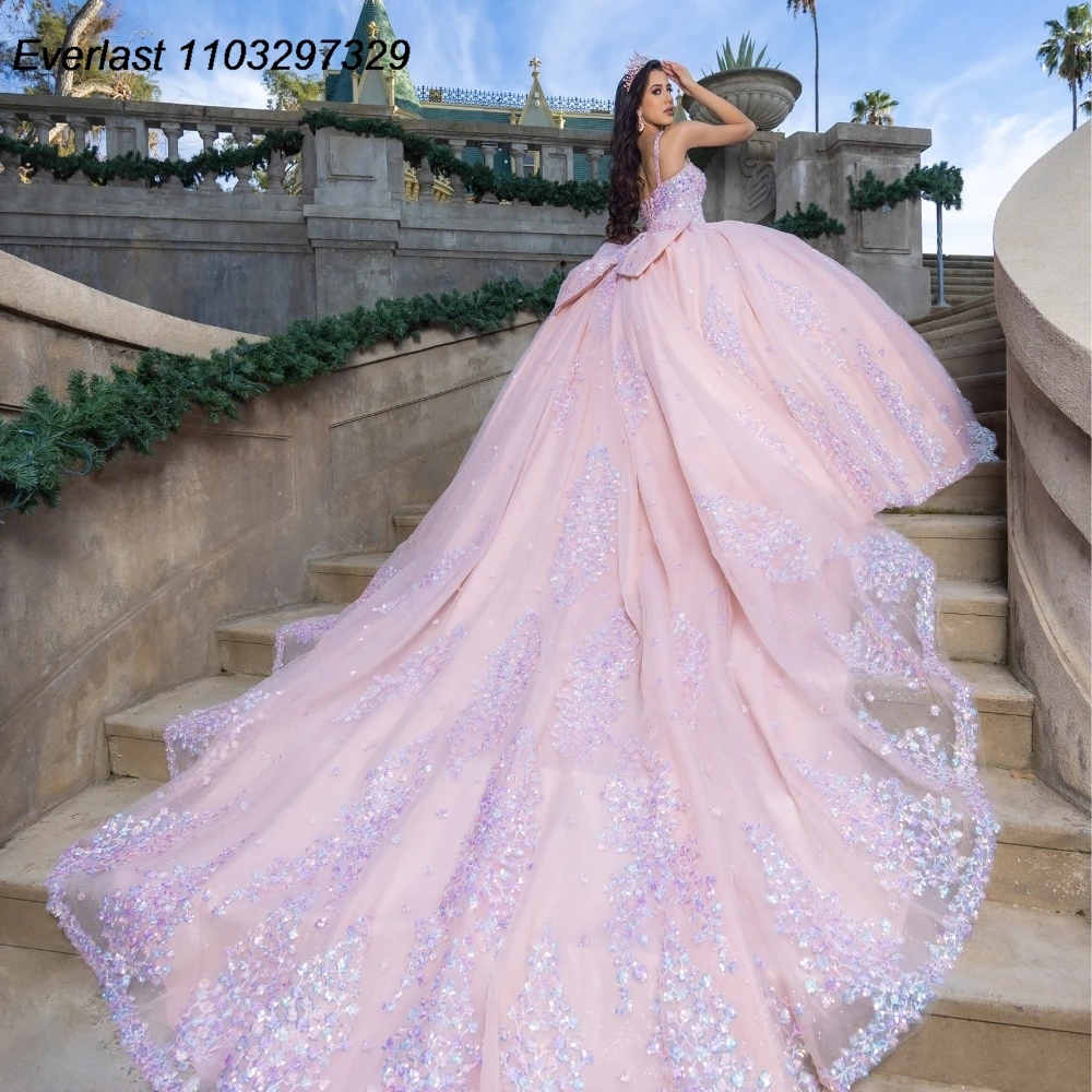 EVLAST Pink Quinceanera Dress Ball Gown Lace Applique Beaded Crystal Bow Sweet 16 Vestido De 15 Anos E1Q04