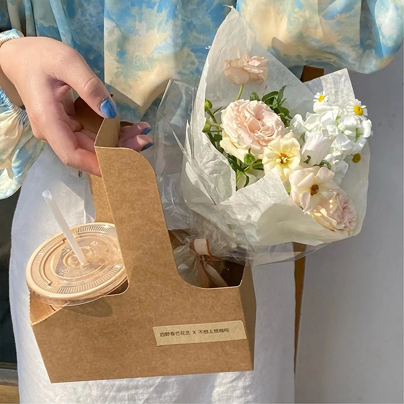 10pcs Portable Flower Gift Bag Kraft Paper Holder Coffee Flower Cake Dessert Packaging Box Photo Favor Drink Carrier With Handle