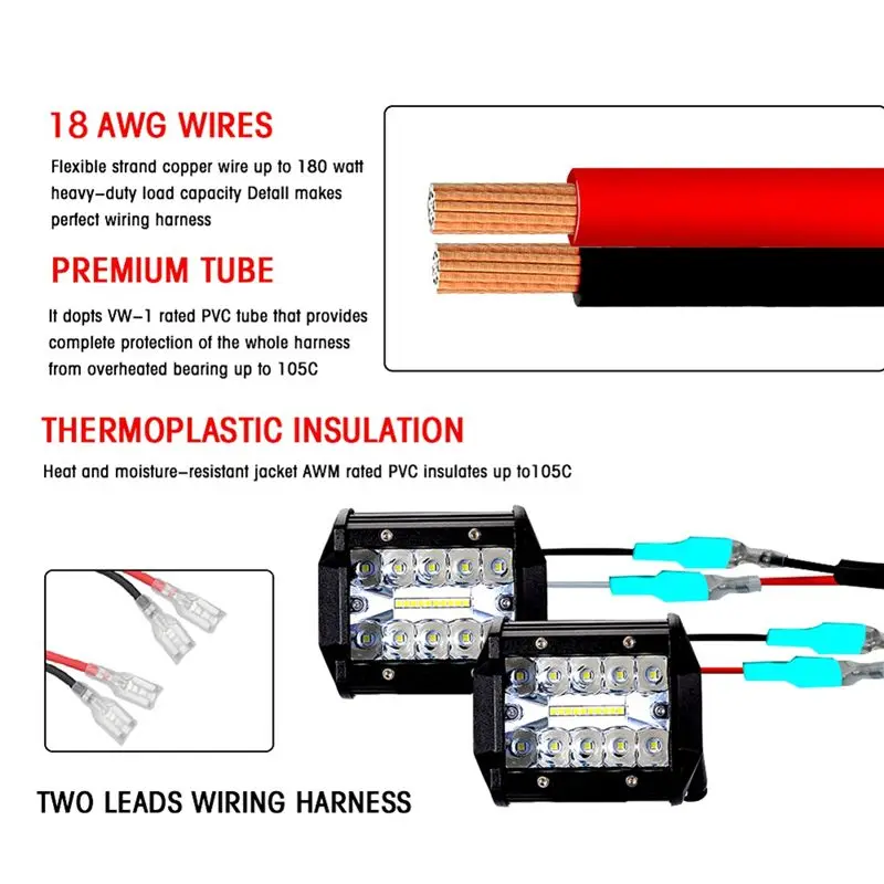 NEW-LED 라이트 바 배선 하네스 키트 2 리드 18 AWG 범용 LED 배선 하네스 릴레이 온/오프 스위치 배선 하네스
