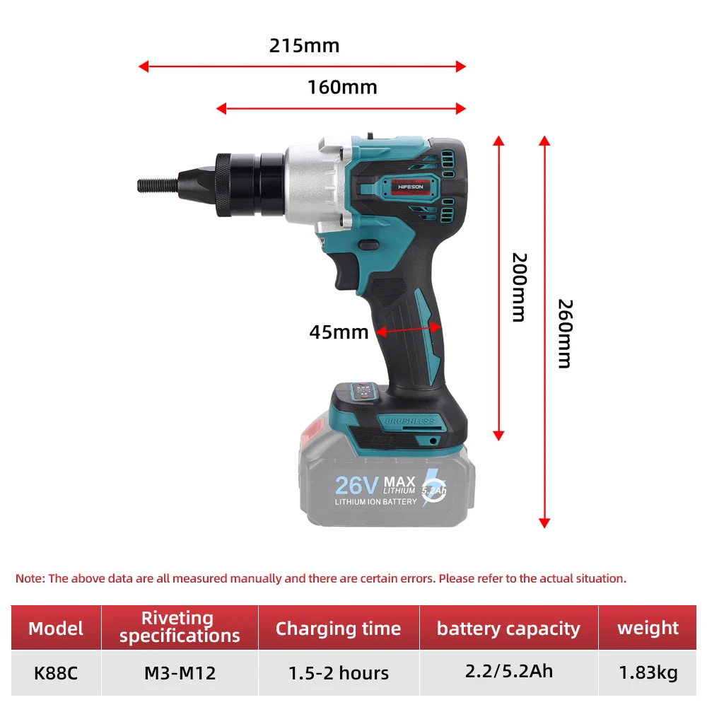 HIFESON Powerful Brushless Electric Ramm Gun 21V Rechargeable Automatic Rivet Nut Gun Rivet Tool For M3 M4 M5 M6 M8 M10 M12 nuts