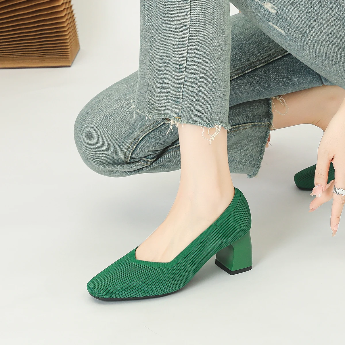 Women's High Heels Comfortable Square Knitted Breathable Comfortable Shoes (5cm High) Autumn 2025 New Collection 3