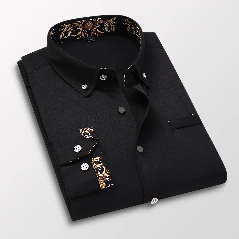 Male Black Business Slim Fit Shirts Fashion Shirts For Men Autumn Long Sleeve Print Patchwork White Formal Tops Clothing MY633