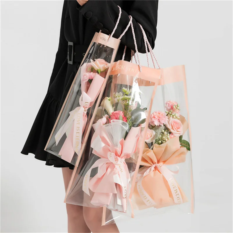 For Bouquet Gift Bag Packaging Bags Flowers Wrapping Transparent With Handle Florist Plastic Bag Party Supplies 10/20pcs