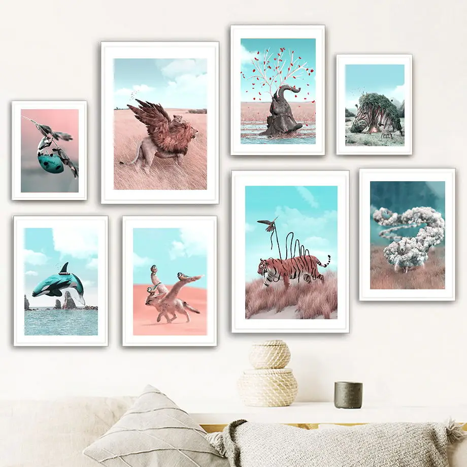 

Surreal African Animals Lion Leopard Tiger Elephant Nordic Poster Wall Art Print Canvas Painting Pictures For Living Room Decor