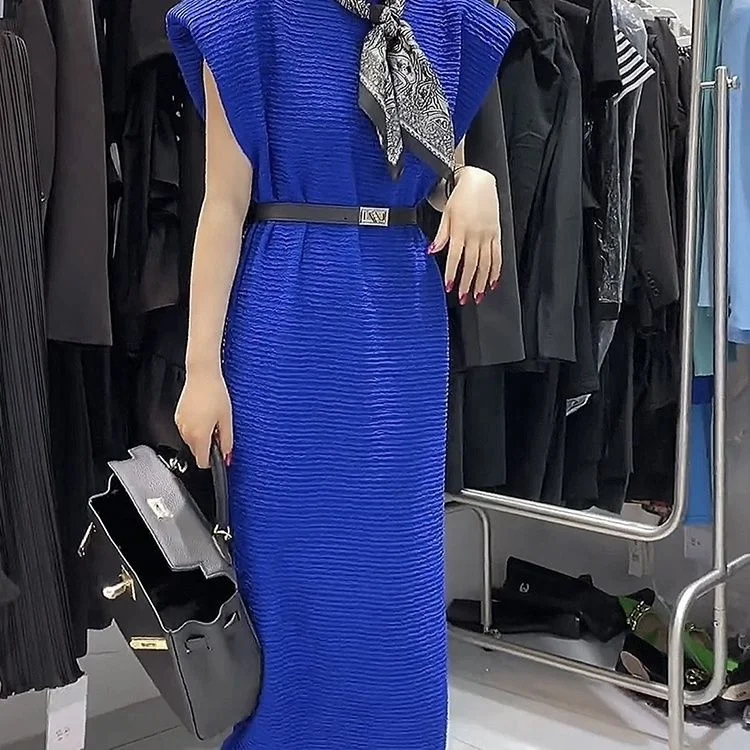 Girocollo Solid Dress Maxi Elegante Per Le Donne Summer Korea Slim Waist Vestido Casual Streetwear