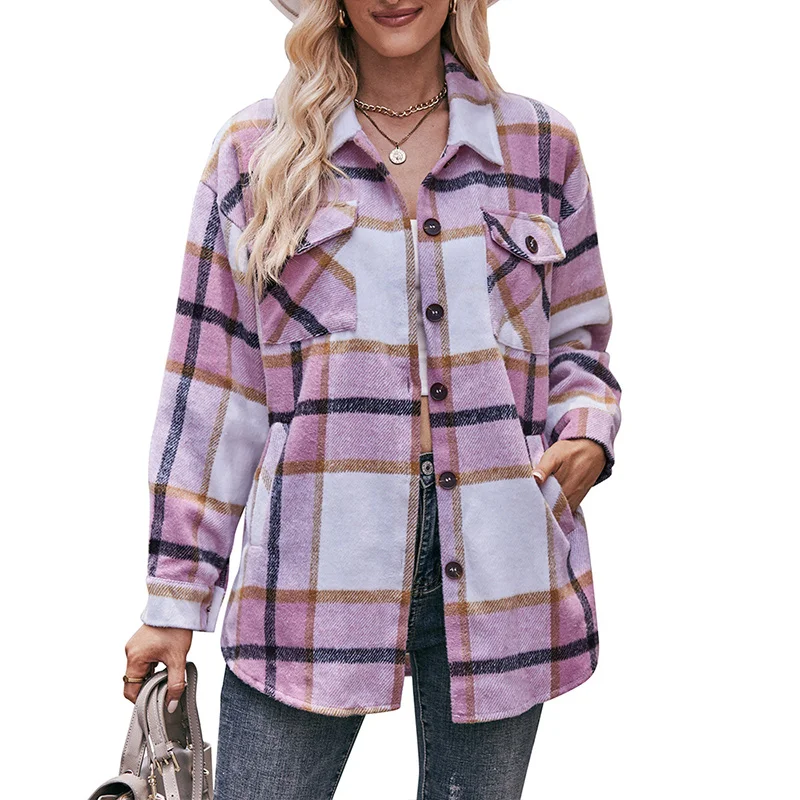 Autumn Winter Fashion Harajuku All Match Tops Women Long Sleeve Pockets Coats Lady Loose Casual Jacket Plaid Chic Female Clothes