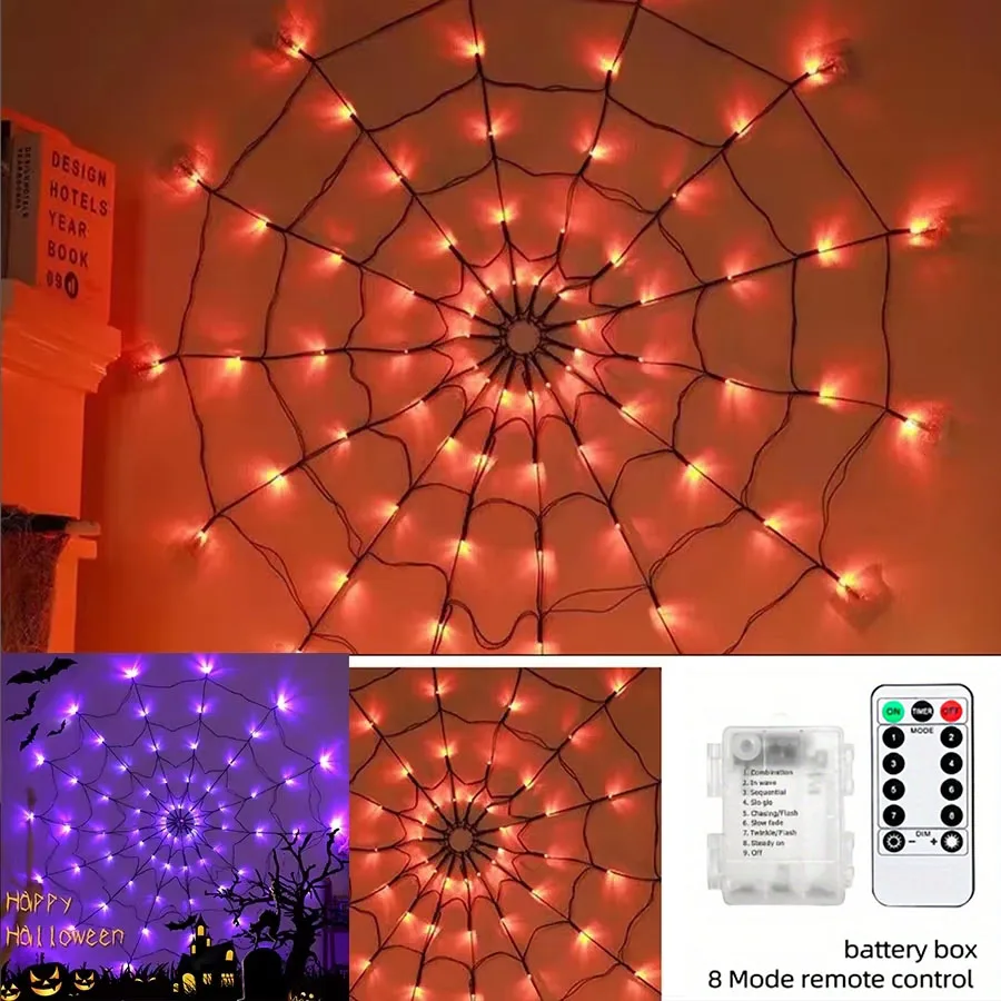 Halloween LED String Lights DIY Spider Web Lights Battery Powered 8 Modes Remote Control 70LEDs Halloween Party Room Decorations