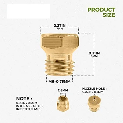 Brass Jet Nozzle 20Pcs M6&times;0.75mm/0.5mm for Propane LPG Natural Gas Pipe Water Heater DIY Burner Parts LP Gas Conversion Kit gas burner nozzle