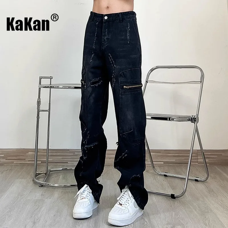 Kakan - Europe and The United States New Retro Ripped Hole Jeans Men's, Zipper Straight Tide Long Black Jeans K27