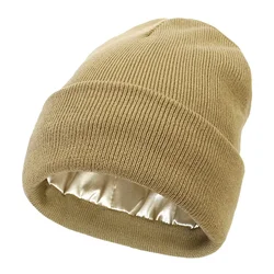 Unisex Satin - Lined Anti - Static Winter Beanie - Slouchy, Warm, and Stylish Hair Cover (1Khaki)