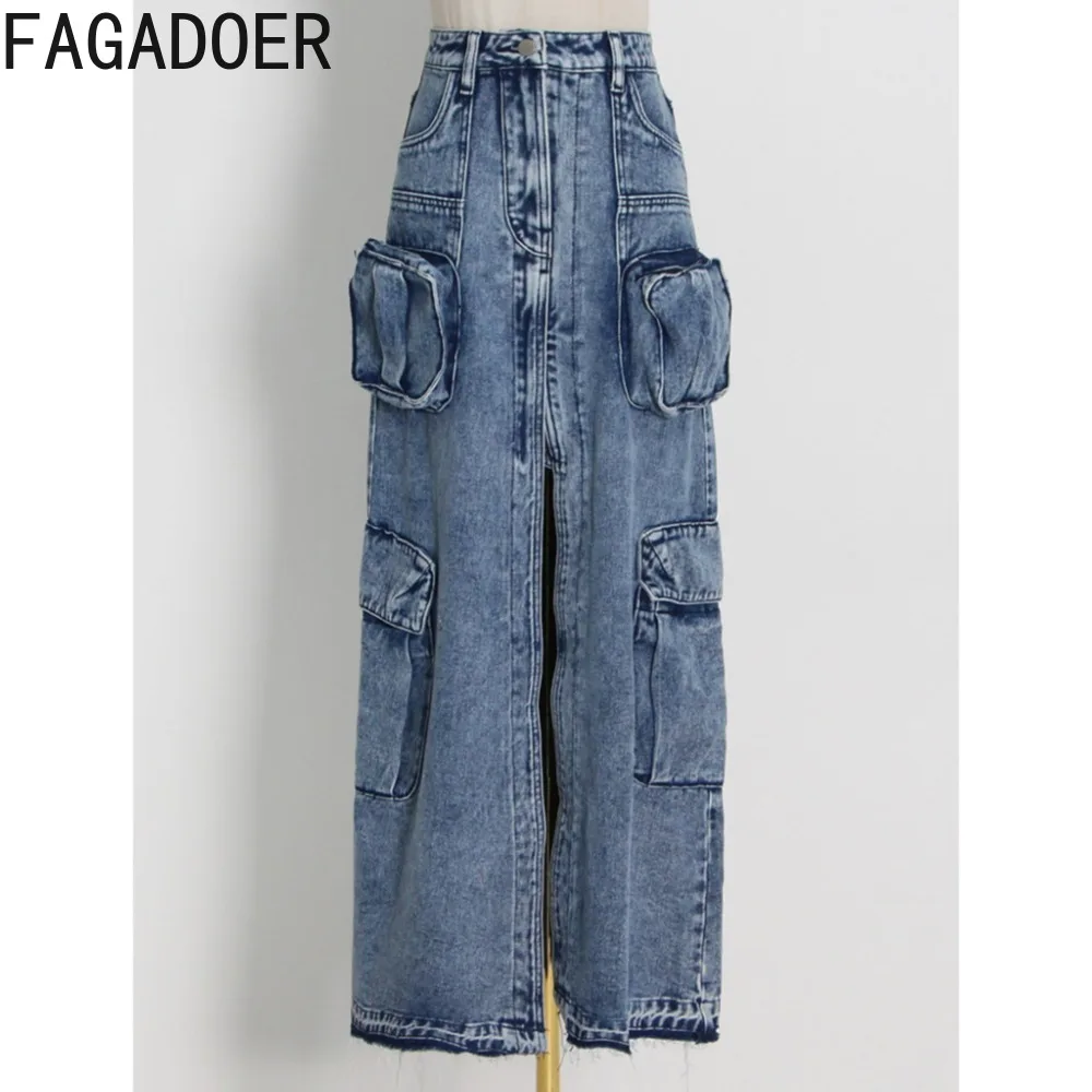 FAGADOER Casual High Waist Large Pocket Cargo Denim Skirts Women Front Split Slim Straight Skirts Fashion Female Cowboy Bottoms