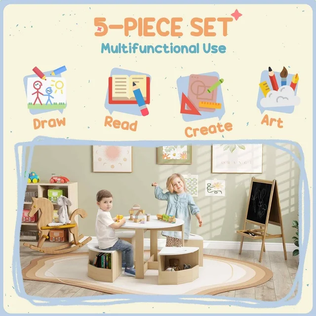 White 5-Piece Kids Table and Chairs Set with Storage for Art, Drawing, Playroom, Classroom, Nursery