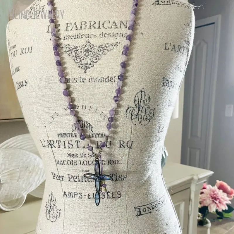 10pcs Purple Gemstone Matte Amethyst Boho Sari Silk Tassel Cross Pendant Necklace Women Accessories Aesthetic Y2k Jewelry
