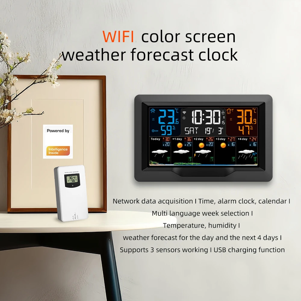 WIFI Smart Weather Station Clock FJ3390TY-A Indoor and Outdoor Temperature & Humidity Meter Large Color Screen Weather Clock