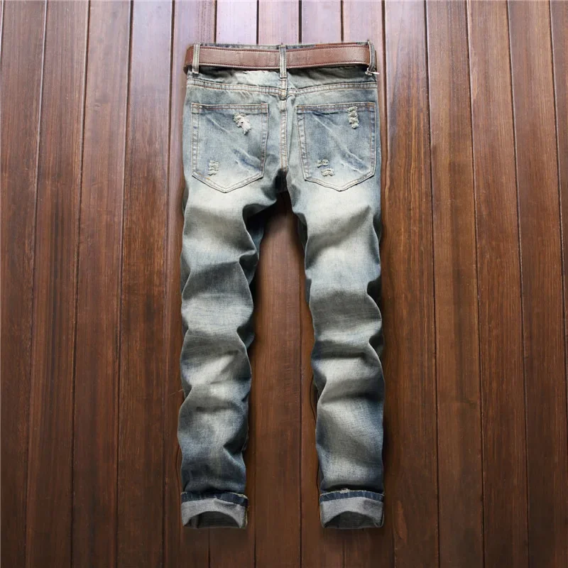 Motorcycle Jeans for Men ripped jeans (without Belt) Badge Distressed Straight-leg Slim-fit Ripped Denim Trousers Male