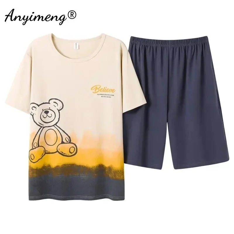 Summer Men Pajamas Set Knitted Cotton Kawaii Bear Printing Sleepwear L-3XL Leisure Nightwear Short Sleeve Shorts Pijamas