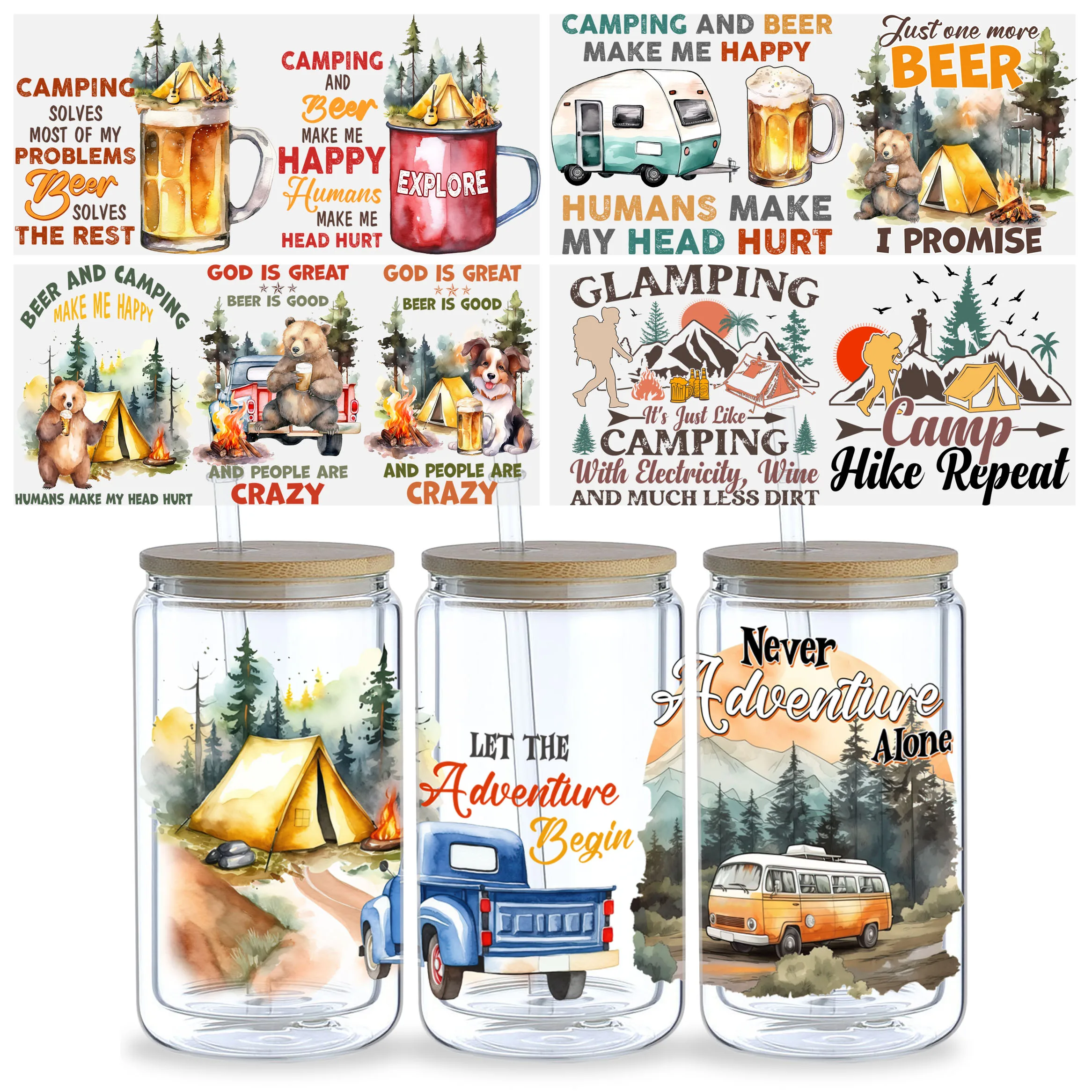 5sheets Camping Themed UV DTF Cup Stickers, Waterproof Sticker Pack For Decorating Mugs, Cups, Bottles, School Supplies, Etc