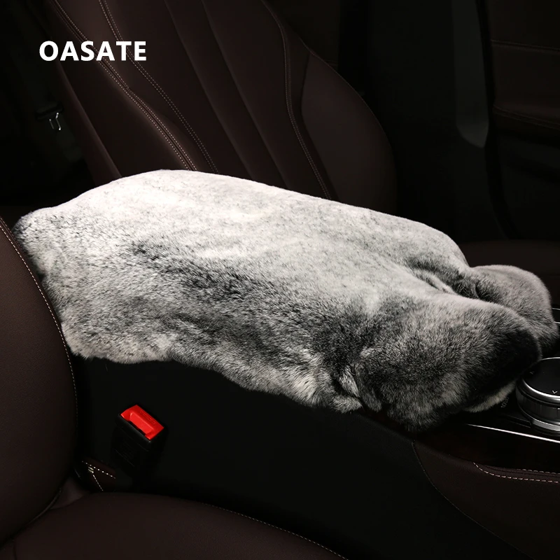 

Winter Rabbit Fur Leather Car Armrest Pad Covers Universal Center Console Warm Winter Armrest Storage Protection Cushion