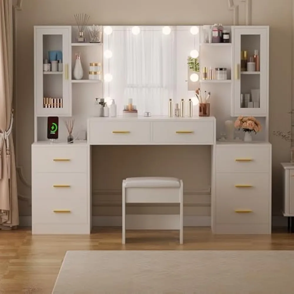 Large Vanity Desk Table with Mirror & Lights White Makeup Vanity with Power Outlet and 8 Drawers 2 Cabinets 3 Lig 6