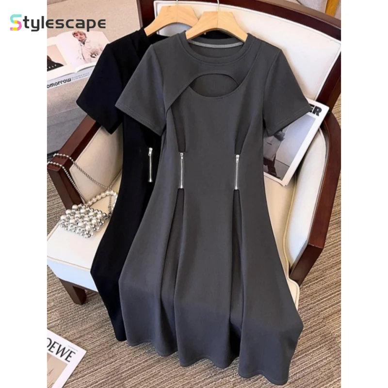 

2024 Summer New Large Size Women's Unique Waist Tight, Slim and Skin Covering, Western Style Casual Short Sleeved Dress