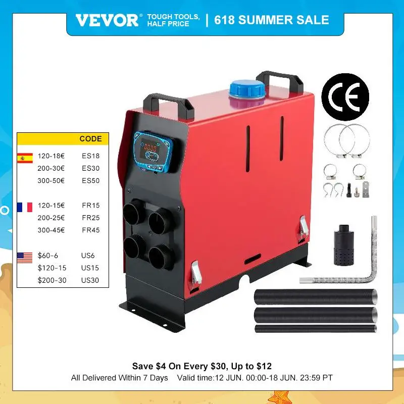 Vevor 5kw 12v Diesel Air Heater 4 Air Outlets All In One With Lcd