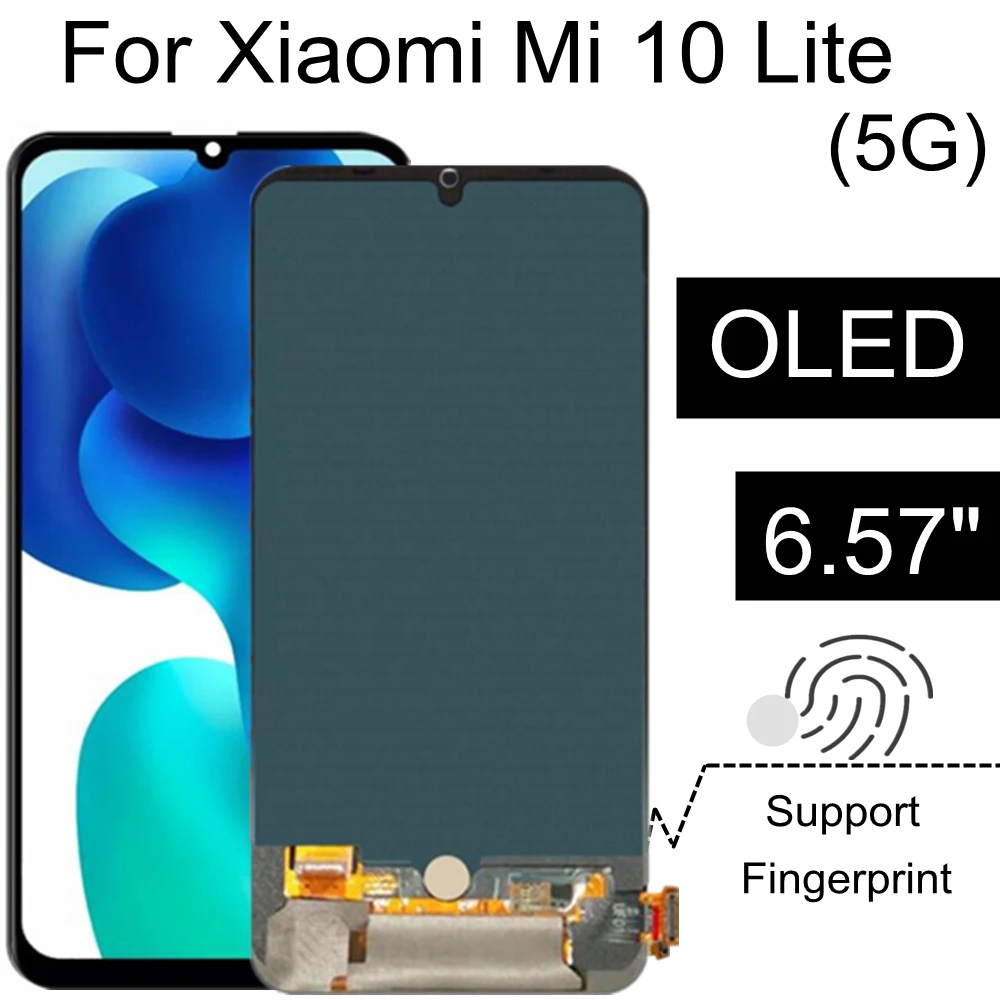 

OLED-дисплей 6,57 дюйма для XIAOMI MI 10 LITE, зеркальный ЖК-дисплей, сенсорный экран в сборе, замена для смартфона M2002J9G, MI 10 LITE, ЖК-дисплей