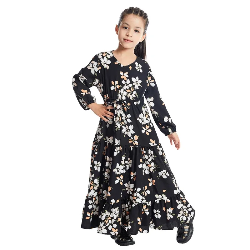 Bohemian Kids Girls Floral Dress V Neck Long-sleeved Tunic Maxi Dress Sweet Loose Comfortable Party Skirt Robe