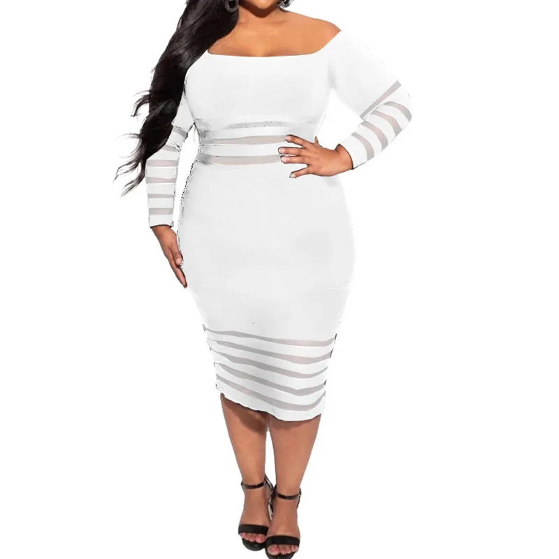 Elegant One Word Collar Solid Plus Size Midi Pencil Skirt Evening Party Sexy Hollow Out Splice Net Yarn Long Sleeve Slim Dresses