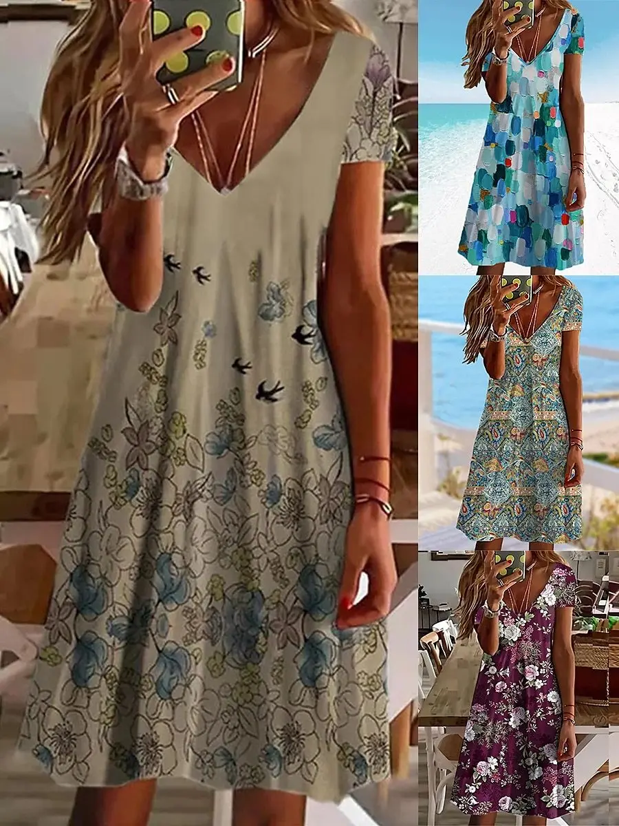 

2023 Summer Party Dress Women's Sexy Flower Print Short Sleeve Skirt V-neck Slim Skirt Vintage Elegant Knee-length Skirt Dress