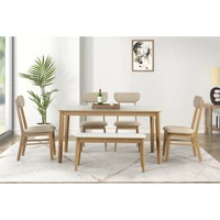 6-piece Dining Table Set, One Table One Bench and Four Chairs, High Gloss White Tabletop With Light Oak Color 2