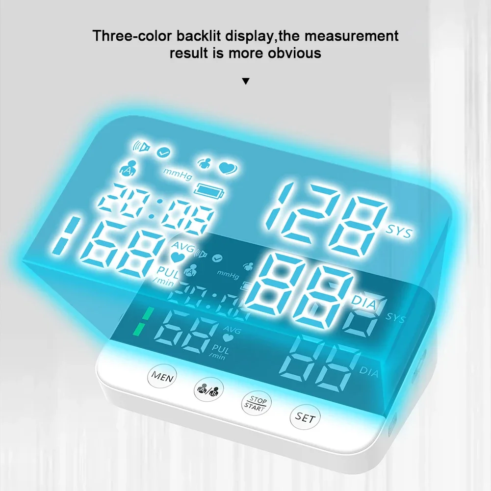 Rechargeable Blood Pressure Monitor LED Upper Arm Automatic BP Sphygmomanometer Heart Rate Meter Tonometer Arrhythmia