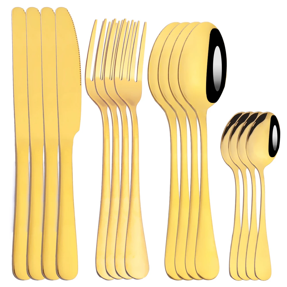

16Pcs 18/10 Stainless Steel Gold Flatware Set Black Dinnerware Steak Knife Fork Spoon Teaspoon Cutlery Food Tableware Dropship