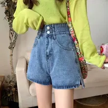 

Feynzz Fashion New Summer Women High Waist Button Wigh Leg Jeans Shorts Casual Female Loose Fit Blue Denim Shorts
