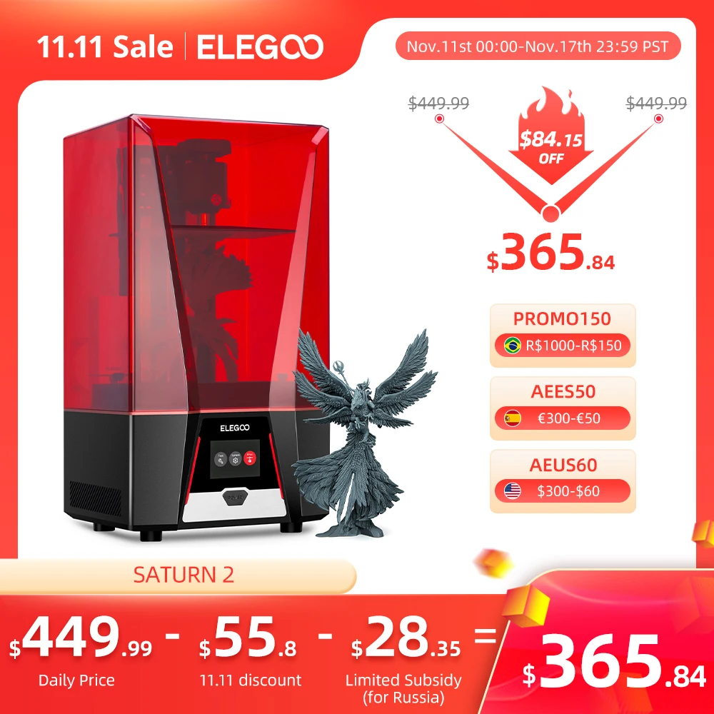 ELEGOO SATURN 2 Mono MSLA 3D Printer UV Resin Photocuring 8K LCD 3D Printer 10'' 8K LCD Printing Size 219*123*250mm