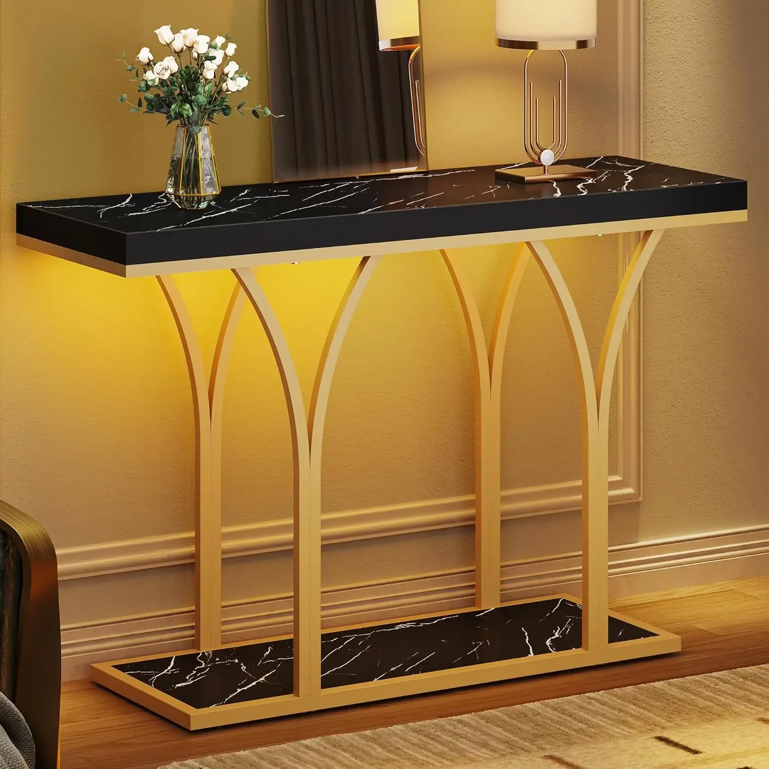Gold LED Lit Modern 39-Inch Wide Console Table - Narrow Marble Top Foyer Furniture for Entryway, (Black)