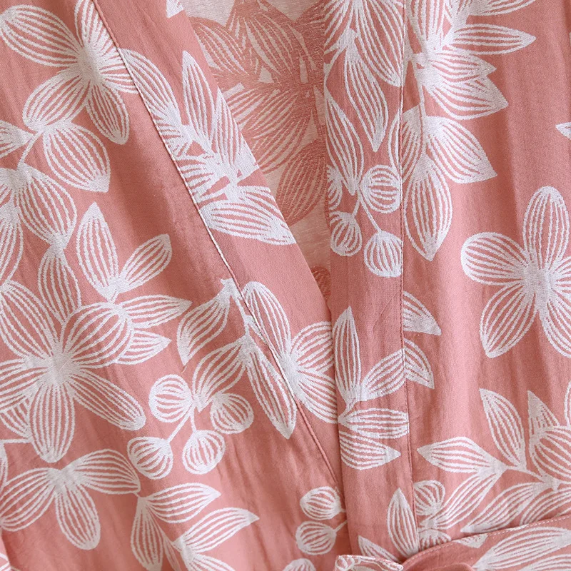 Women's Pure Cotton Gauze Pajamas Thin Jacquard Bathrobes Autumn Long Sleeve Japanese Kimono Robe Loose and Casual Home Wear