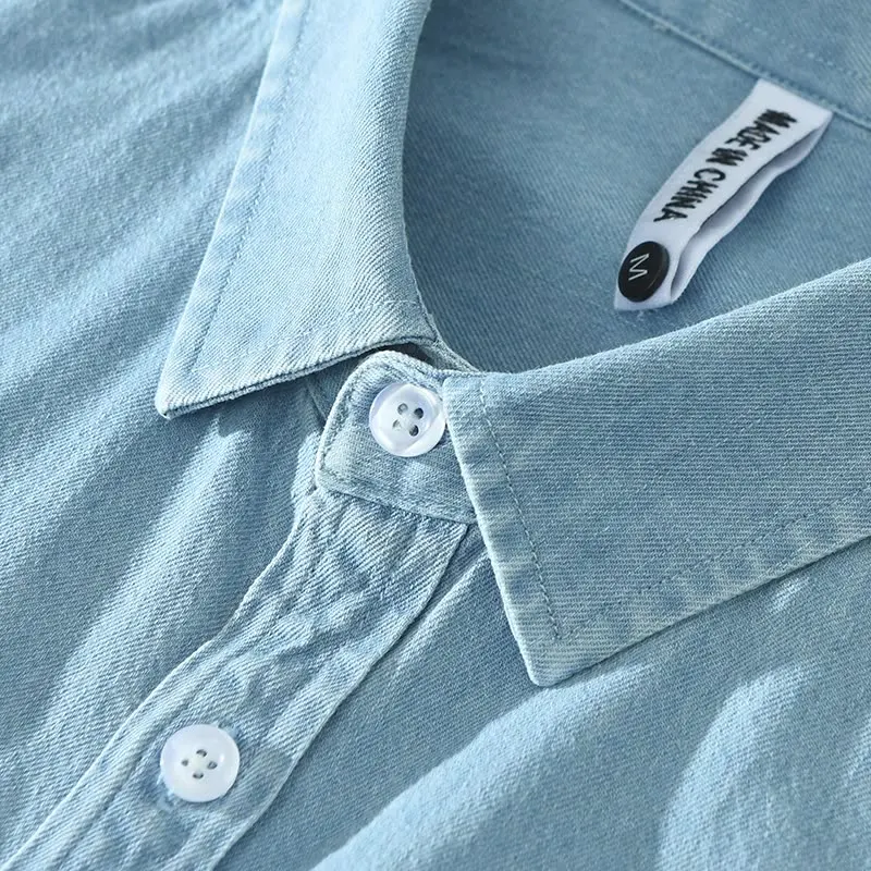 Long Sleeve Denim Shirt for Men Pure Cotton Casual Cowboy Tops Clothing Male Stripes Button Up Shirt
