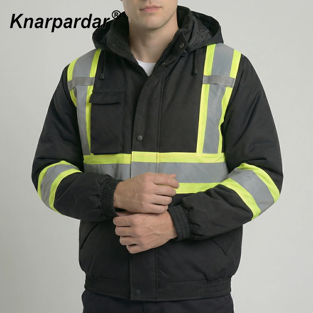 남성용 고시인성 블랙 겨울 봄버 재킷 방수 고시인성 오렌지 블랙 보온 코트 작업복 건설 현장/창고 직원용