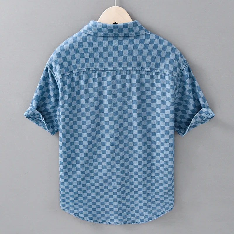 Spring Summer Denim Pure Cotton Short Sleeve Shirts For Men denim shirt Clothing Plaid Soft Shirts DC8859