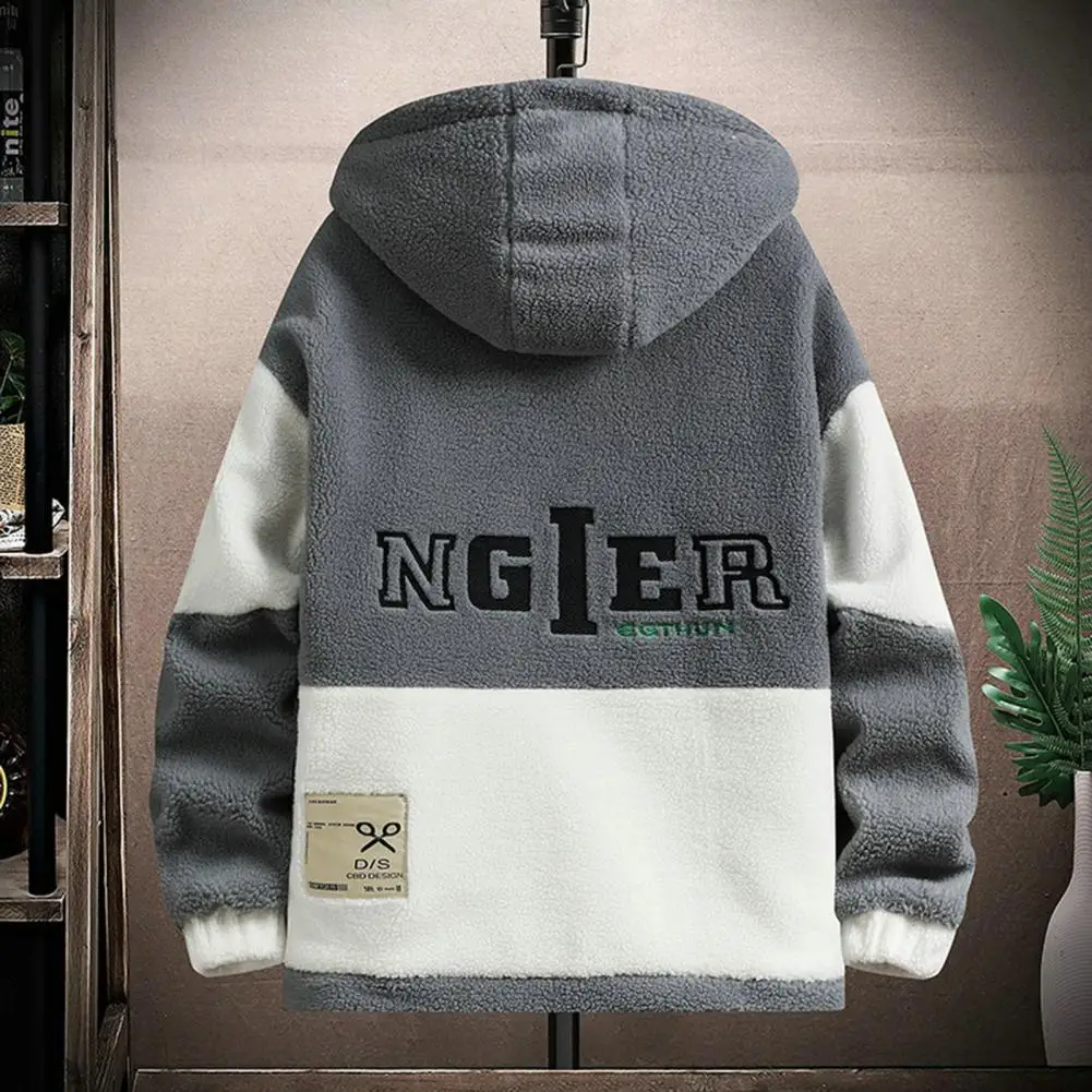 Men Polar Fleece Jacket Colorblock Hooded Men's Jacket with Plush Letter Decor Warm Long Sleeve Pockets Cold Resistant for Fall