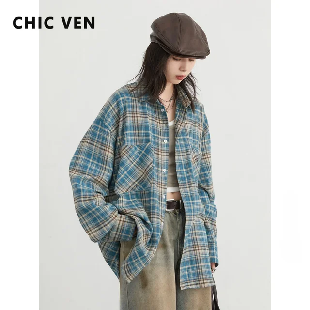 CHIC VEN Women's Cotton Shirt Single Breasted Loose New Retro Color Blocked Grid Female Blouses Autumn Spring 2026 1