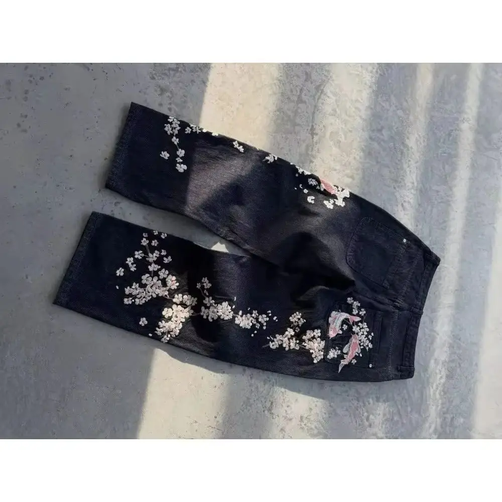 Y2K Retro Casual Straight-Wide Leg JeansStreet Style Gothic Hip-Hop Punk Fashion with Koi and Cherry Blossom EmbroideryUnisex 1