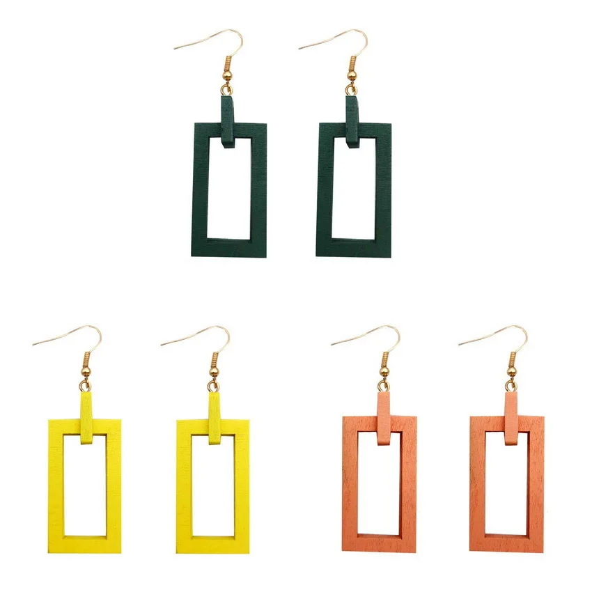 

Fashionable Square Wooden Hollow Earrings Minimalist Summer Rectangular Bohemian Vacation Jewelry Birthday Gift